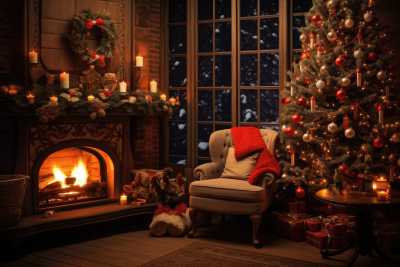 Cozy Christmas Living Room with Fireplace at Night Free Image