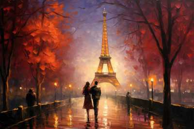 Romantic Painting of Elegant Couple and Eiffel Tower in Paris, France Free Image