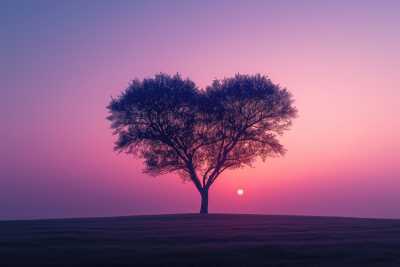 Solitary Tree Silhouette in Love Heart Shape with Violet Sunset Sky Free Image