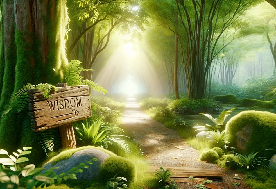 Pathway with a wooden sign that reads "Wisdom."