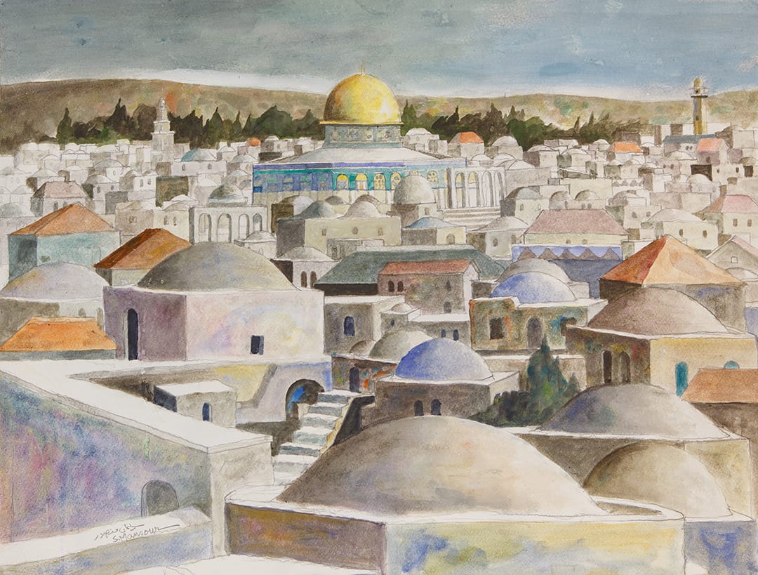 Jerusalem Rooftops - Palestinian art by Sliman Mansour