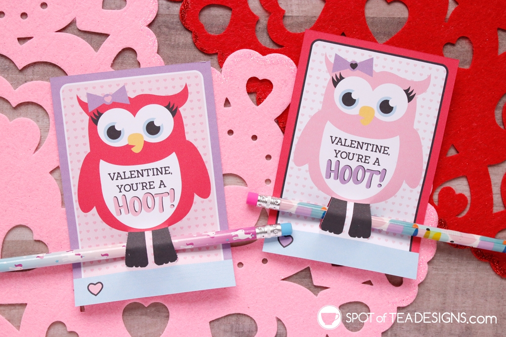 Printable Owl Valentine Pencil Holders - great allergy friendly classroom gift | spotofteadesigns.com