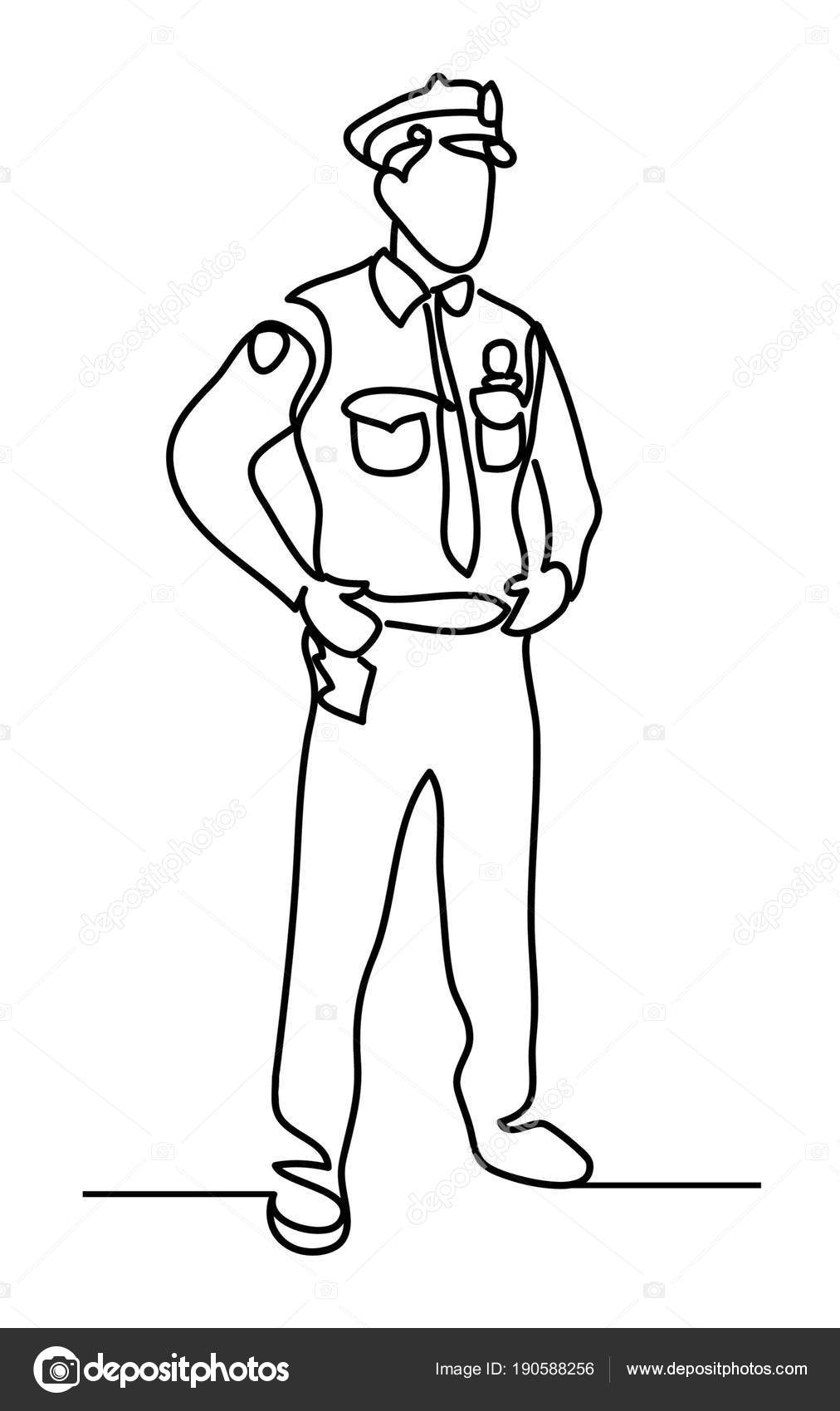 Policial isolado num fundo branco. Desenho de linha contínua. Vetor