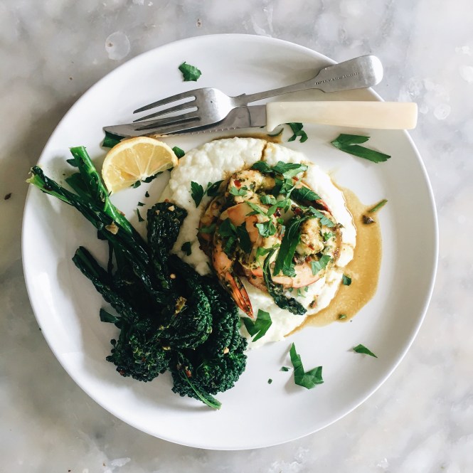 CHILLI AND GARLIC PRAWNS ON CHEESY CAULIFLOWER PUREE