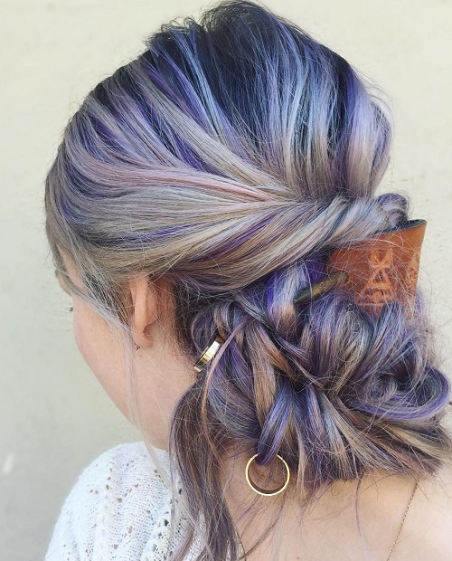 Boho Messy Bun With Purple Highlights