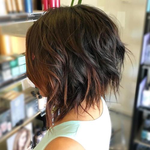 brunette choppy bob with chocolate balayage