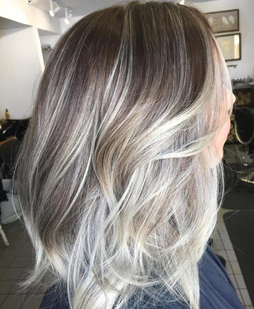 Brown Layered Hair With Silver Balayage