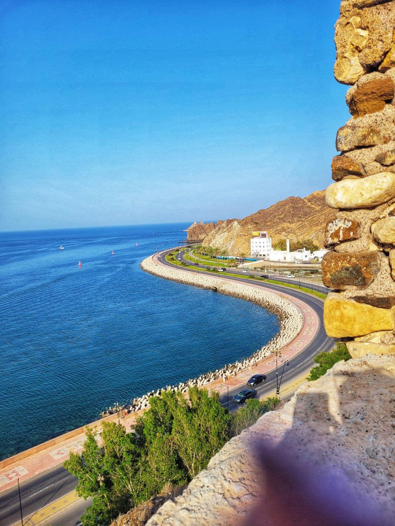 A birds eye view of a winding coastal road. 