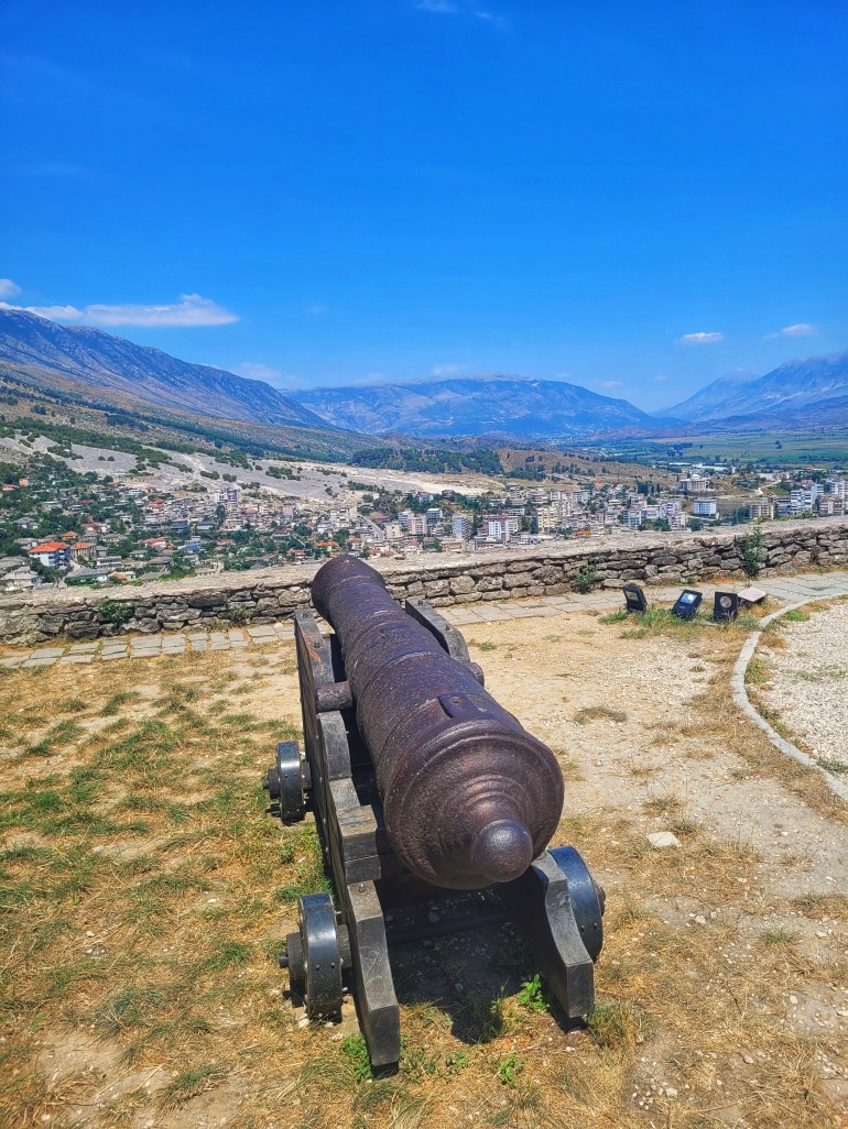 A cannon outlooking Gjirokaster town and mountains a beautiful view. 