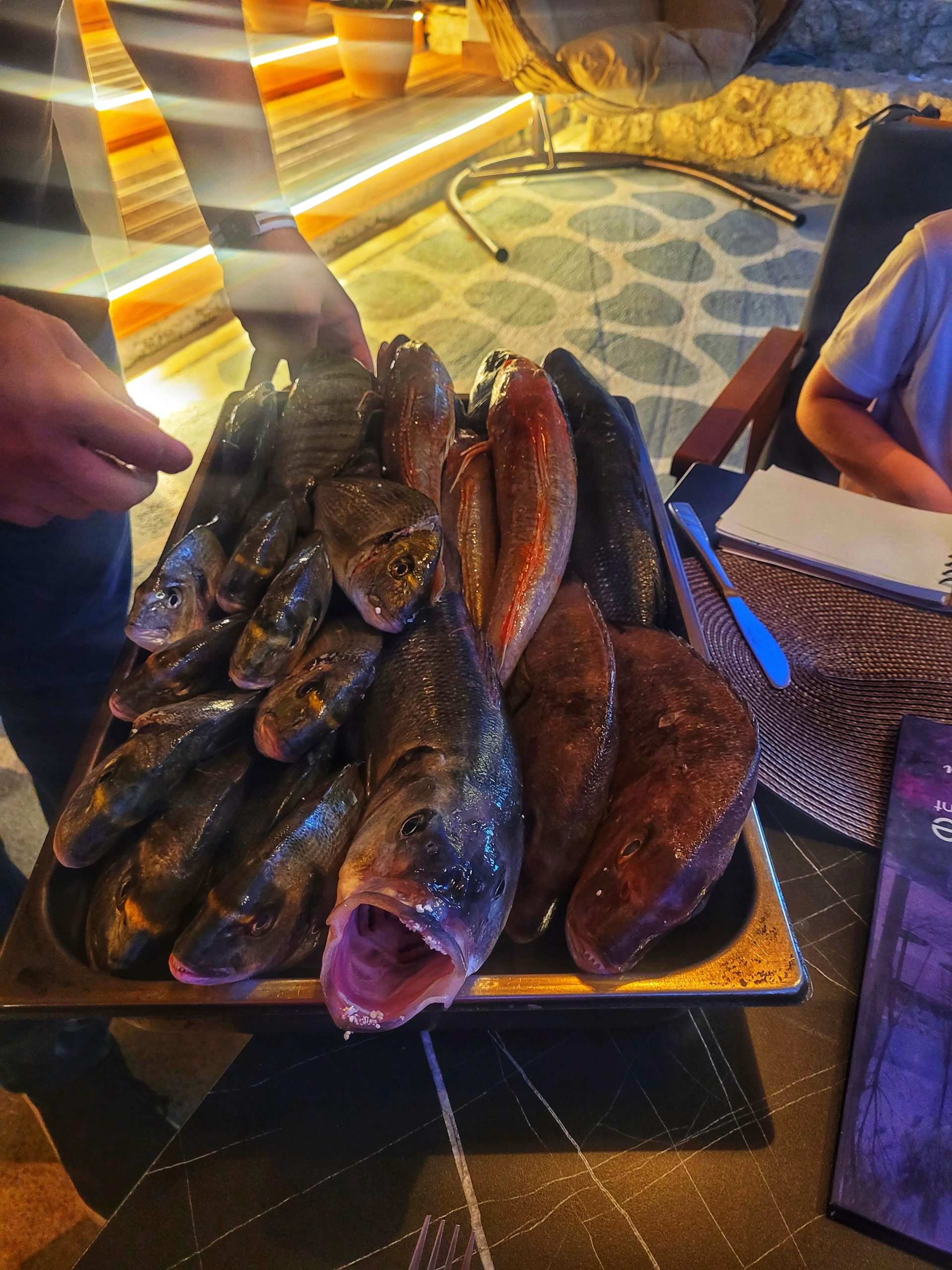 A tray of different sized fresh fish. Seafood is a staple food when on holiday in Albania. 