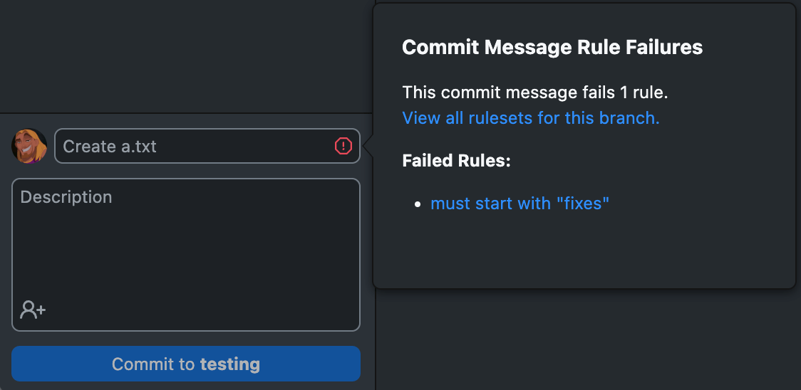 GitHub Desktop’s commit message area, showing an error for a commit message rule failure