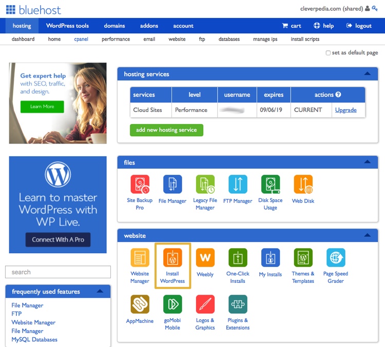 How to install self-hosted WordPress from Bluehost cPanel