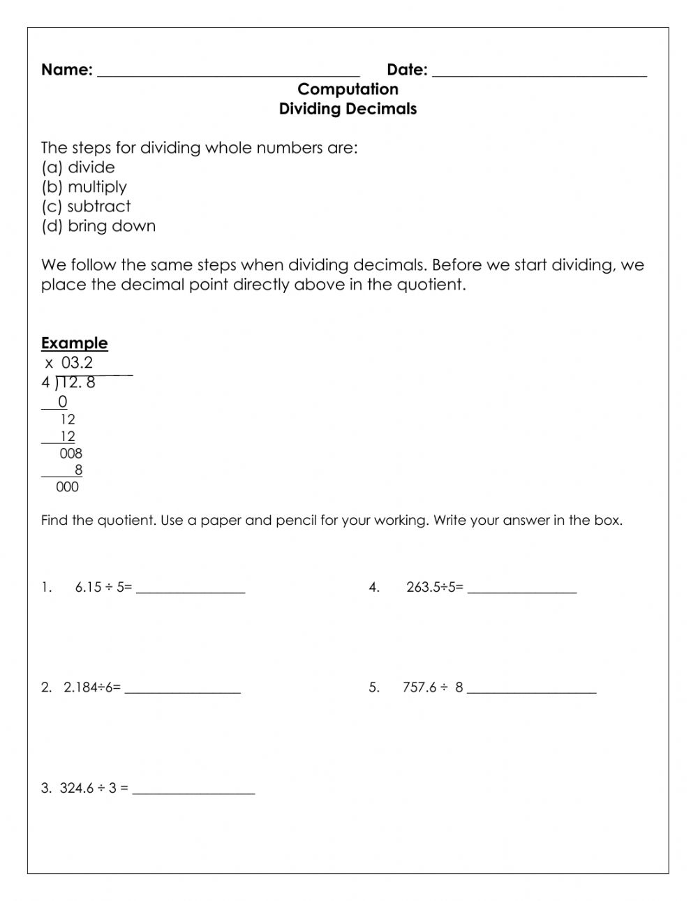 Dividing Decimals Activity - Decimal Worksheets