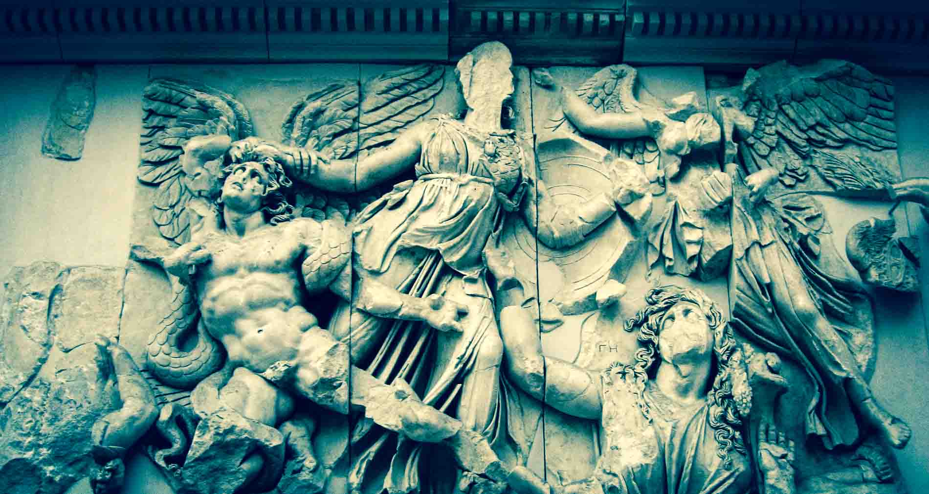 Ruins and Fragments Pergamon Museum Berlin. The Gigantomachy frieze depicts the struggle of the gods against the children of the primordial goddess Gaia