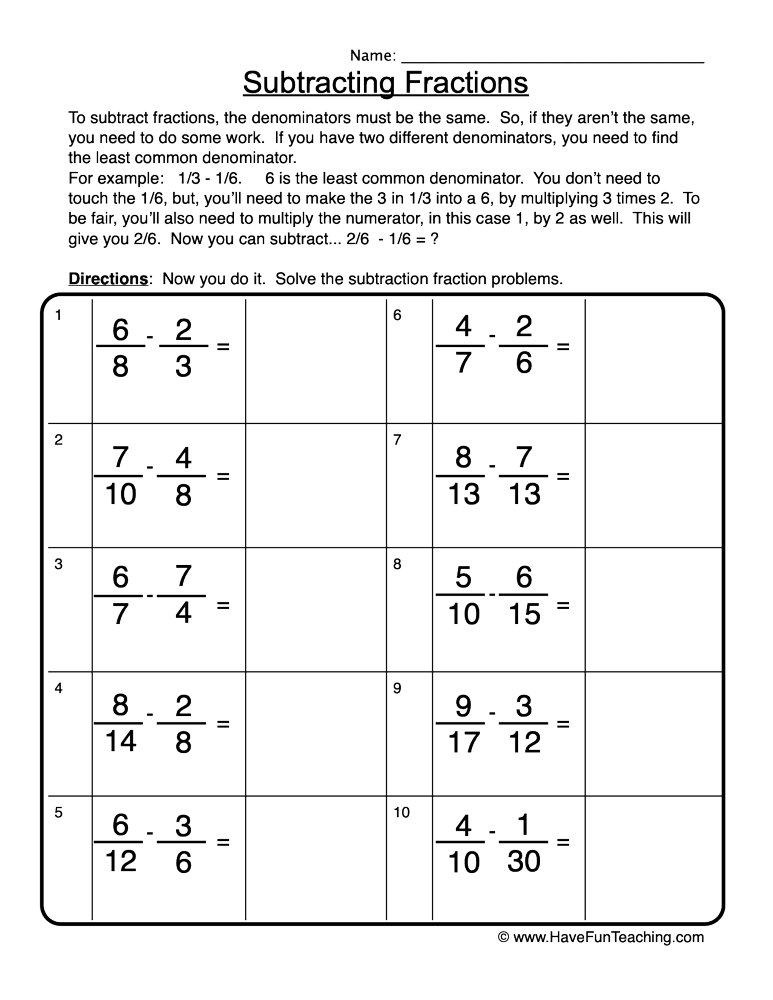 subtracting fractions different denominator worksheet have fun teaching