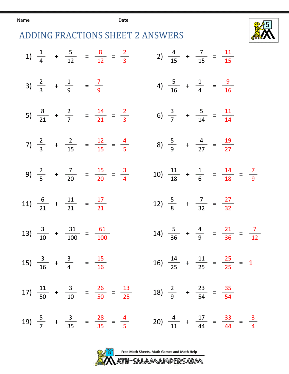 adding fractions worksheets