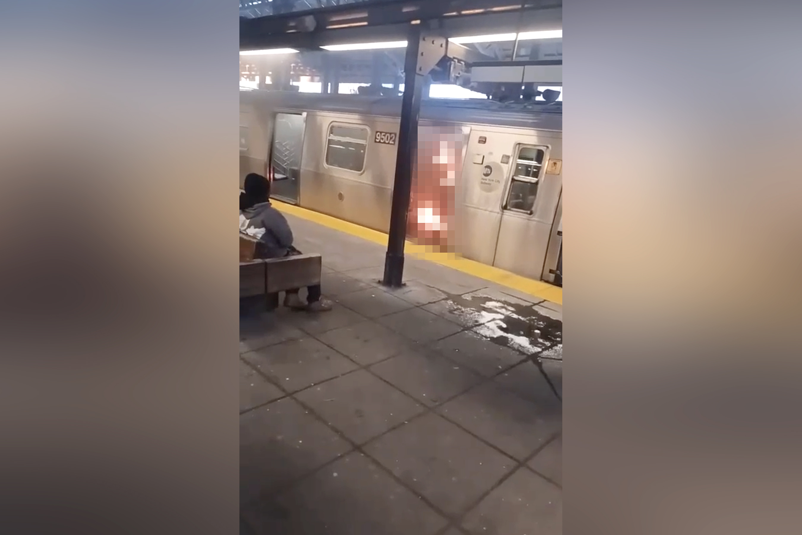 Chilling video obtained by the Daily News shows the woman standing near the door of a stopped subway car, burning alive, while a man sits on a bench on the platform a few feet away and casually watches.