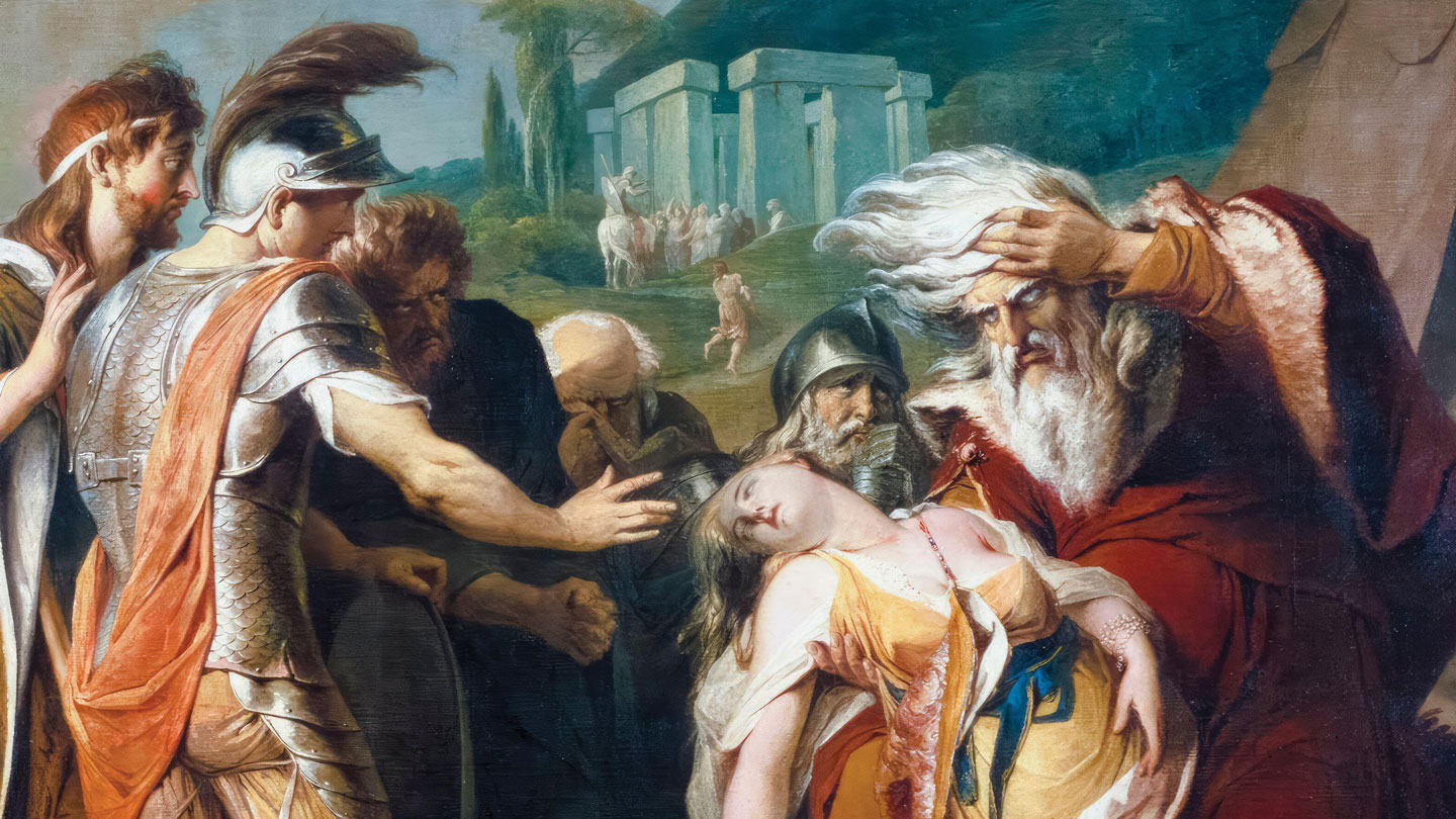 a painting of Shakespeare's King Lear, with long white hair and a beard, holding the dead body of his young blonde daughter Cordelia with a crowd of onlookers mourning