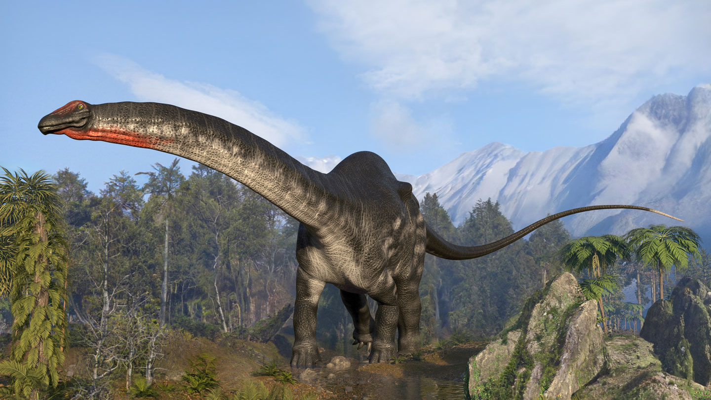 Apatosaurus surrounded by lush trees and vegetation