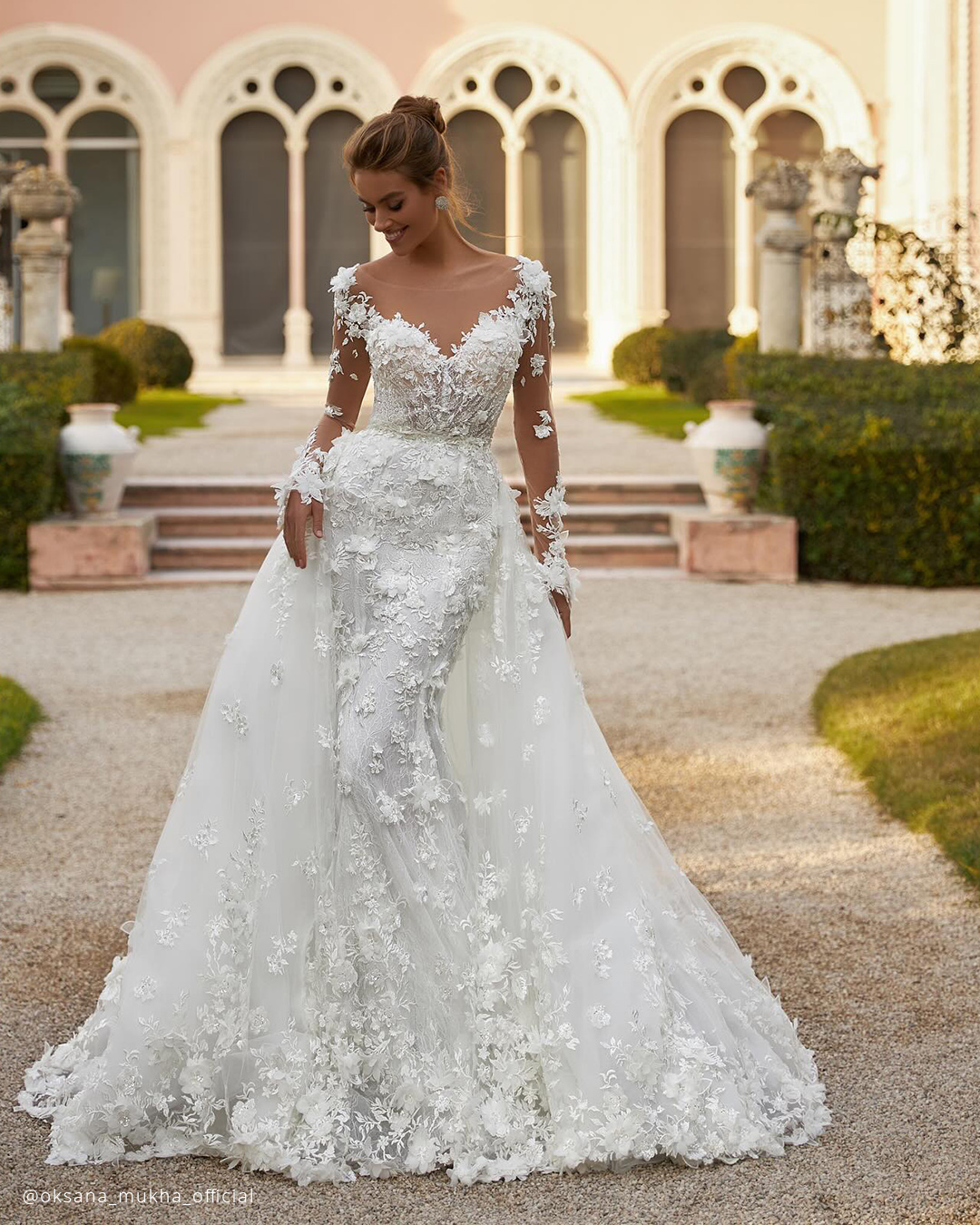 lace wedding dresses with illusion sleeves with overskirt oksana mukha