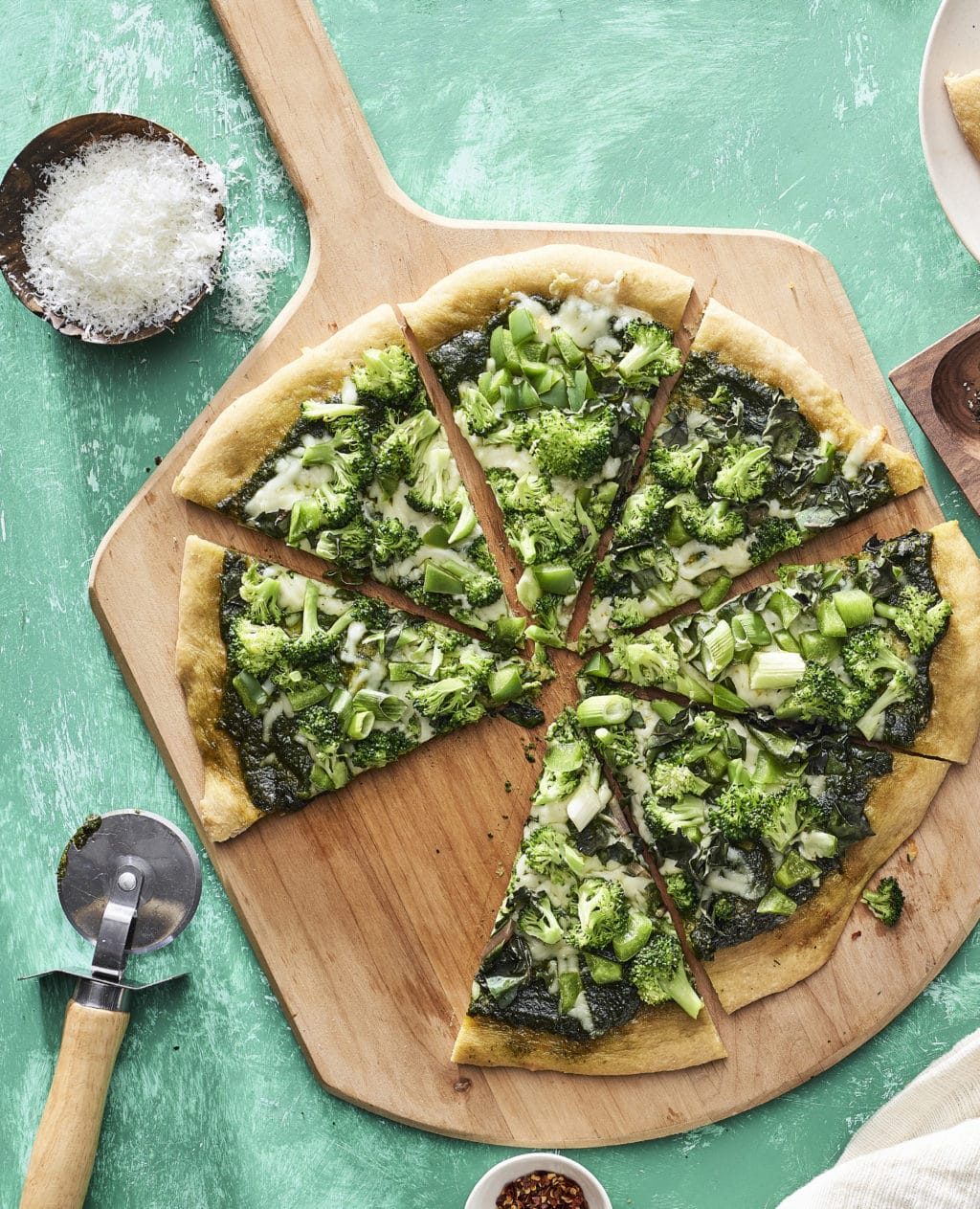 Green Veggie Pesto Pizza. Recipe from the Healthy Family Cookbook. | via www.yourchoicenutrition.com