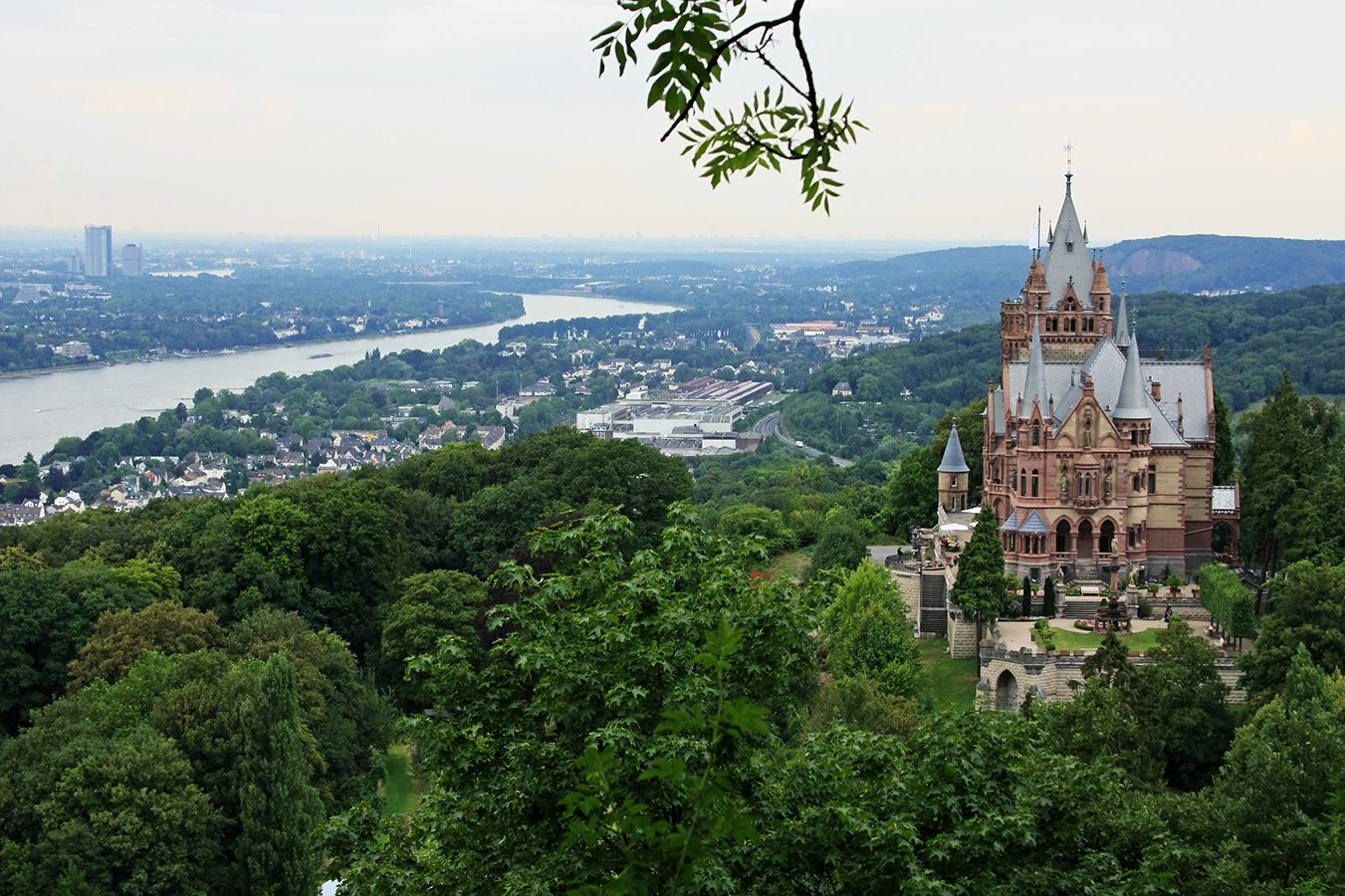 Castle overlooking a river valley.