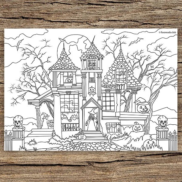 haunted house printable adult coloring page from favoreads etsy sweden