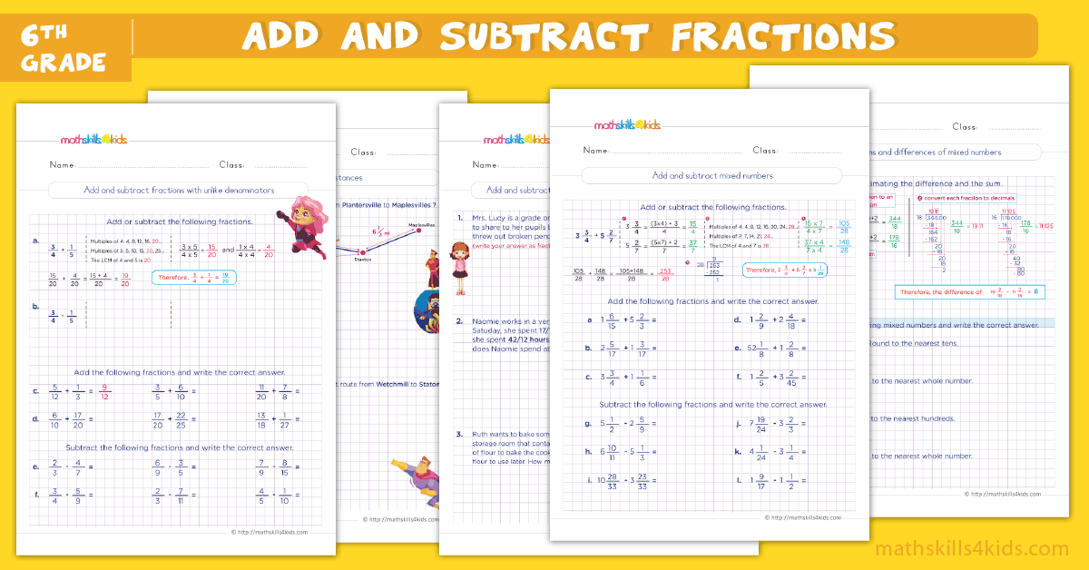 6th grade adding and subtracting fractions worksheets pdf with answers math skills for kids