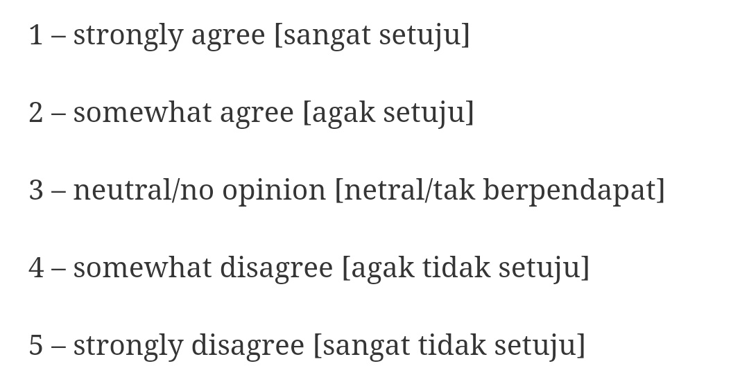 30.08.2022 · kajian ini menggunakan skala permarkahan likert lima mata yang menggunakan lima aras, iaitu 1 = sangat setuju, 2 = setuju, … 30.04.2020 · koleksi soalan percubaan pengajian am penggal 2 stpm (semester 2)…. Sang Rupawan En Twitter Muhamadhatim15 Kalau Gunakan Skala Yang Melebihi 5 Mata Bolehlah Gunakan Kata Penguat Yang Sesuai Amat Kurang Amat Sangat Agak Tidak Berapa Dll Https T Co Piwrjgvrlz Twitter