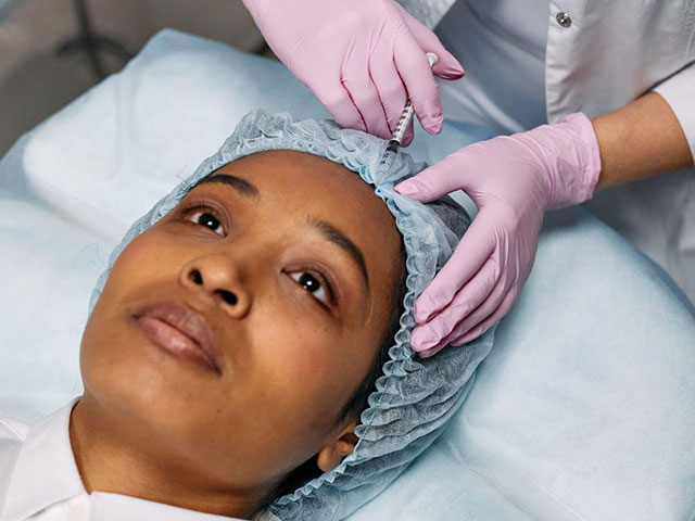 A woman is getting Botox and fillers applied on her forehead