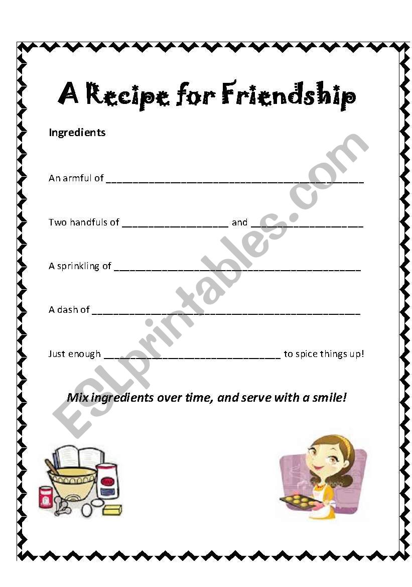 english worksheets a recipe for friendship