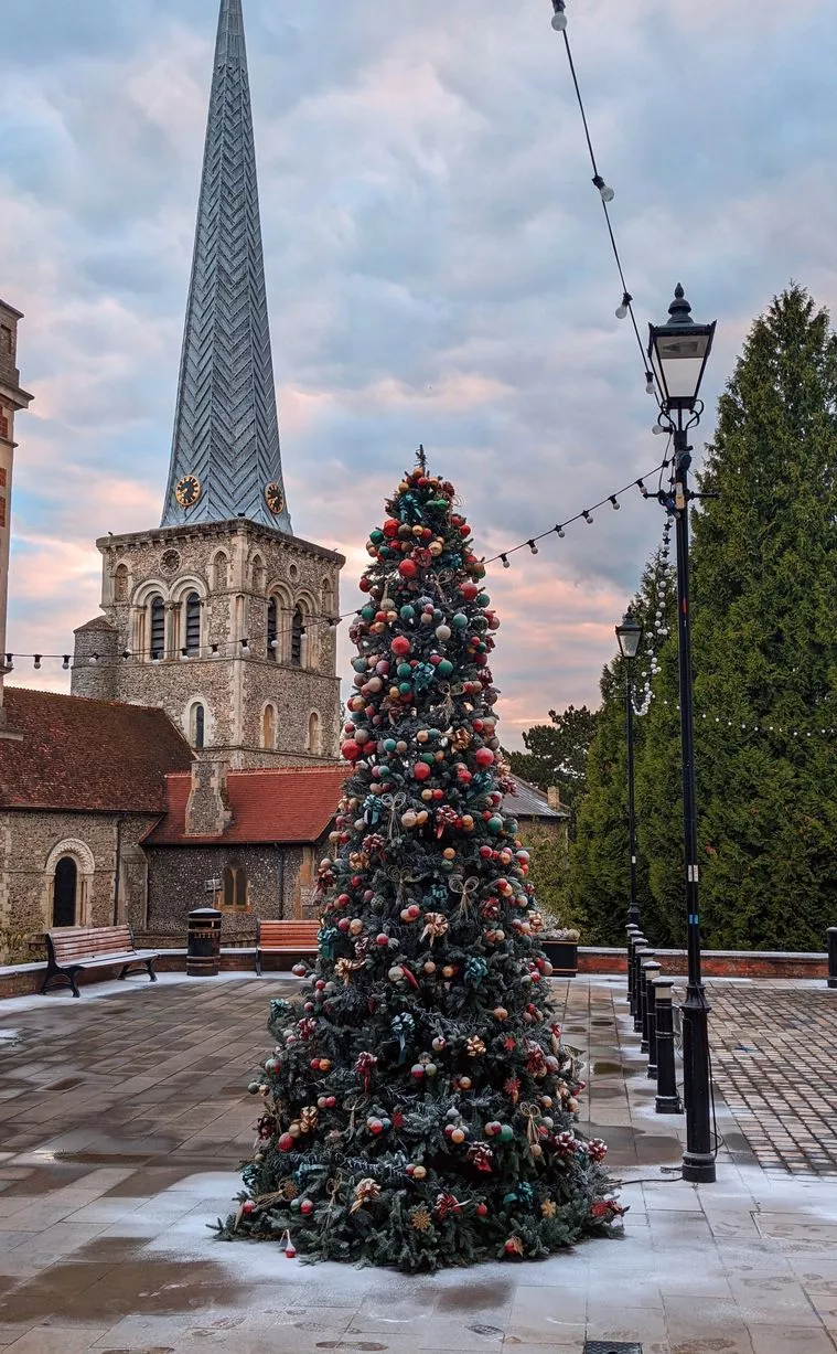 the Old town of Hemel Hempstead covered in snow and the Christmas tree