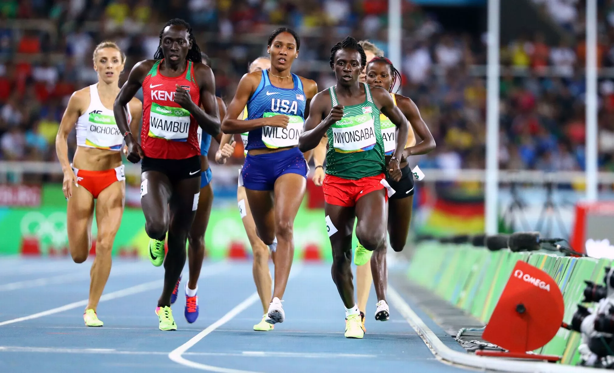 (From L) Angelika Cichocka (POL) of Poland, Margaret Wambui (KEN) of Kenya, Ajee Wilson (USA) of USA and Francine Niyonsaba (BDI) of Burundi compete