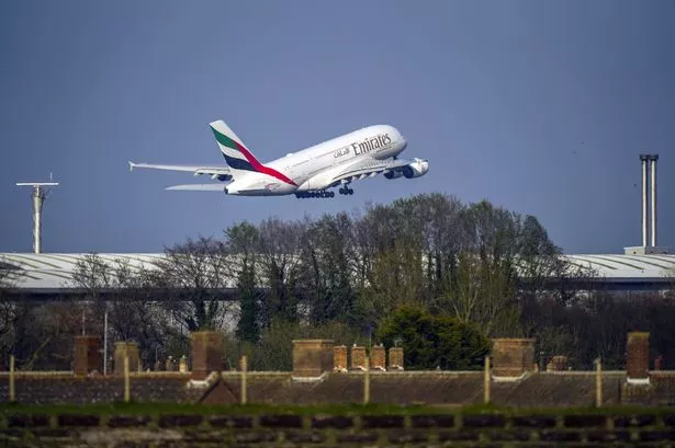 Photo of an Emirates Airbus A380 plane taking off from Heathrow airport in West London.