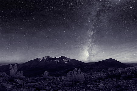 grayscale photo of mountain range under milky way