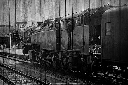 grayscale photography of train