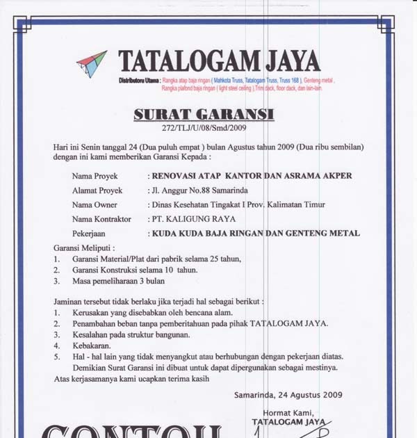 Contoh Surat Garansi - Homecare24