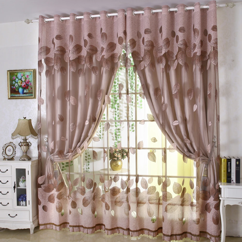 Luxury modern leaves designer curtain tulle window sheer curtain set