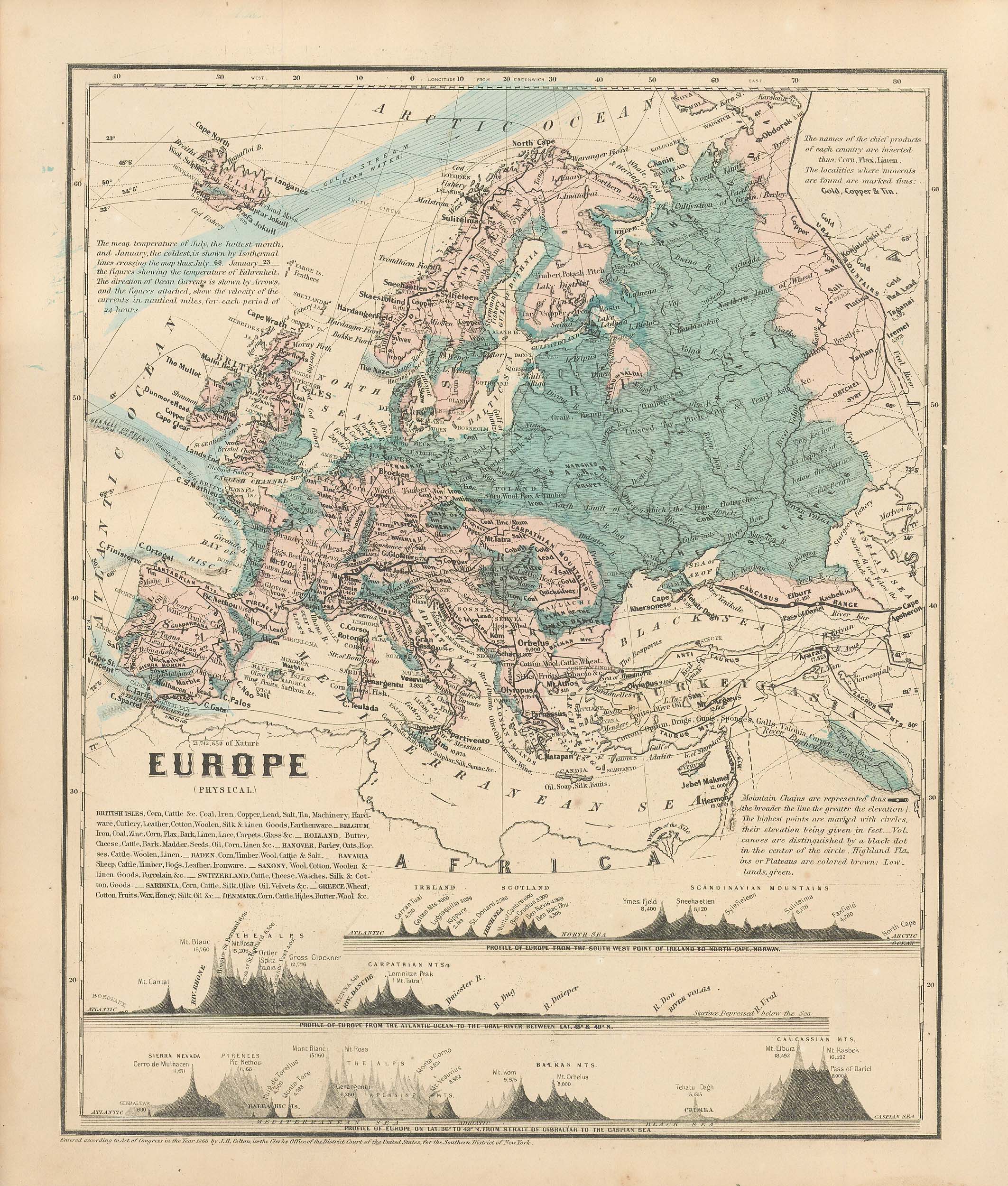 Colton's 1860 Physical Map of Europe Art Source International