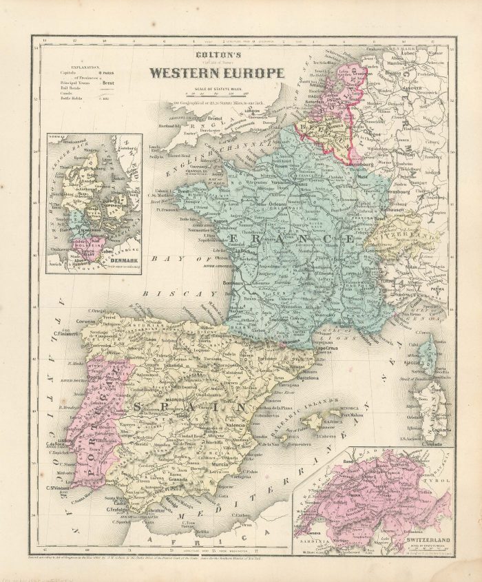 Colton's 1860 Map of Western Europe with inset maps of Denmark and