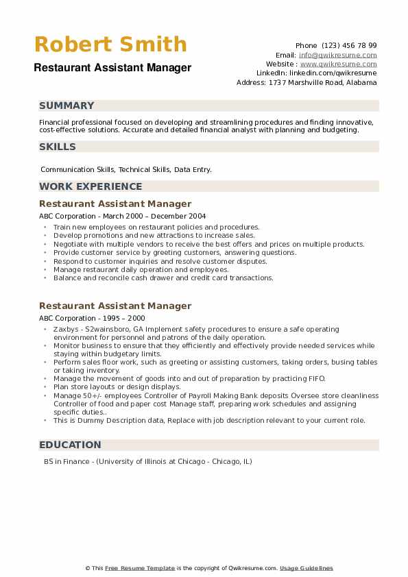 Restaurant Assistant Manager Resume Samples QwikResume