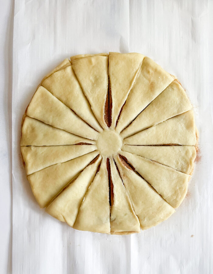 dough circle cut into 16 pieces