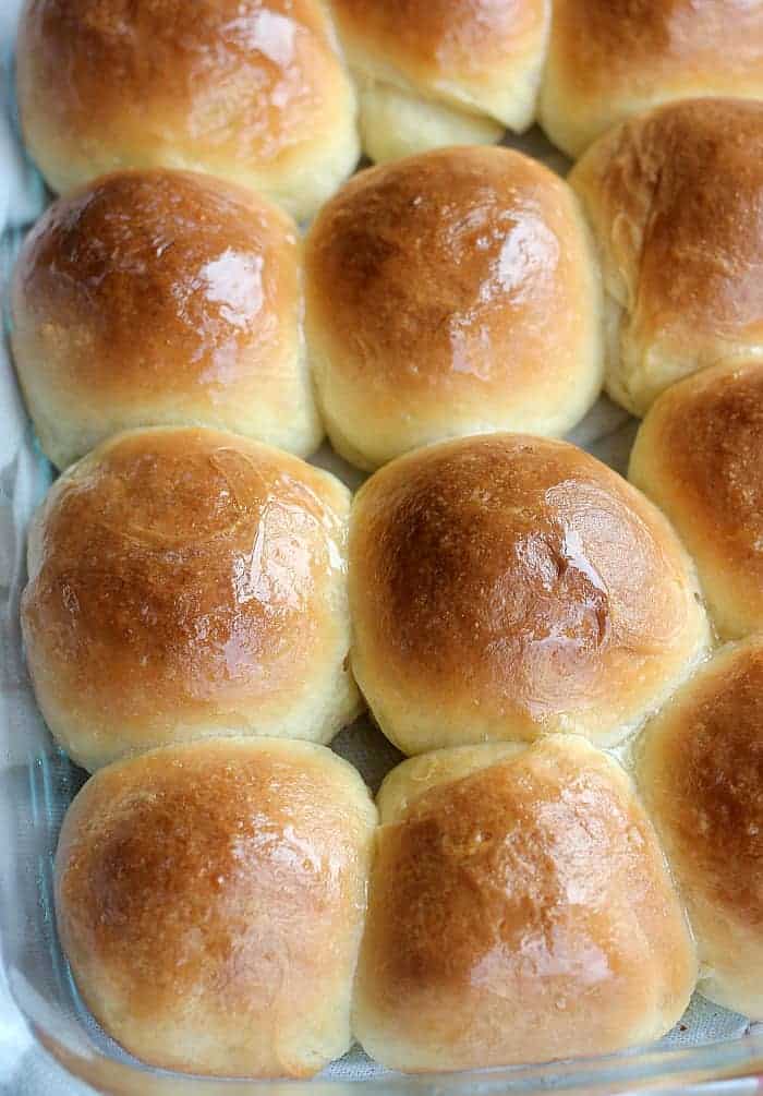 A tray of yeast rolls that have a deep golden brown and shiny appearance from the egg wash that was brushed on them