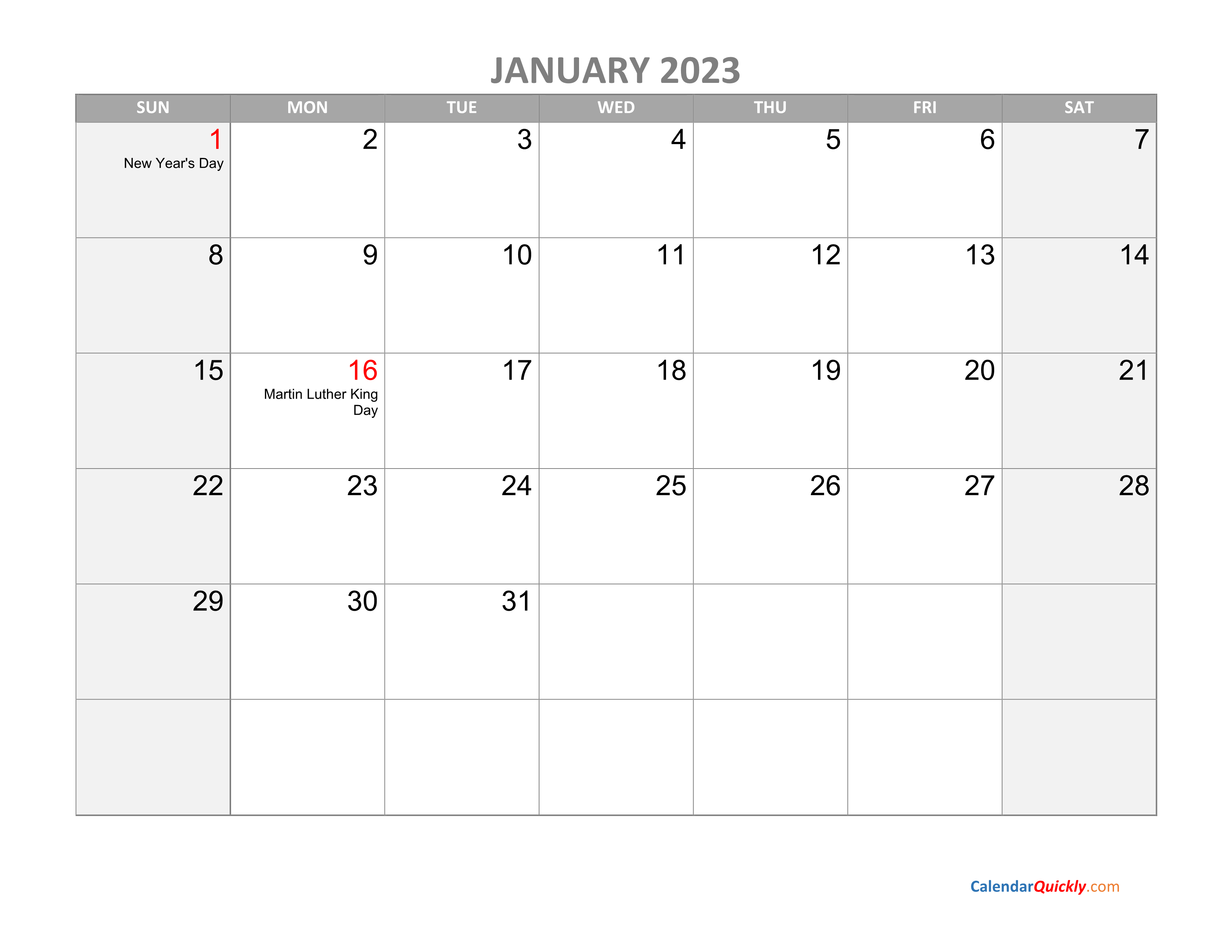 Monthly Calendar 2023 Printable Free