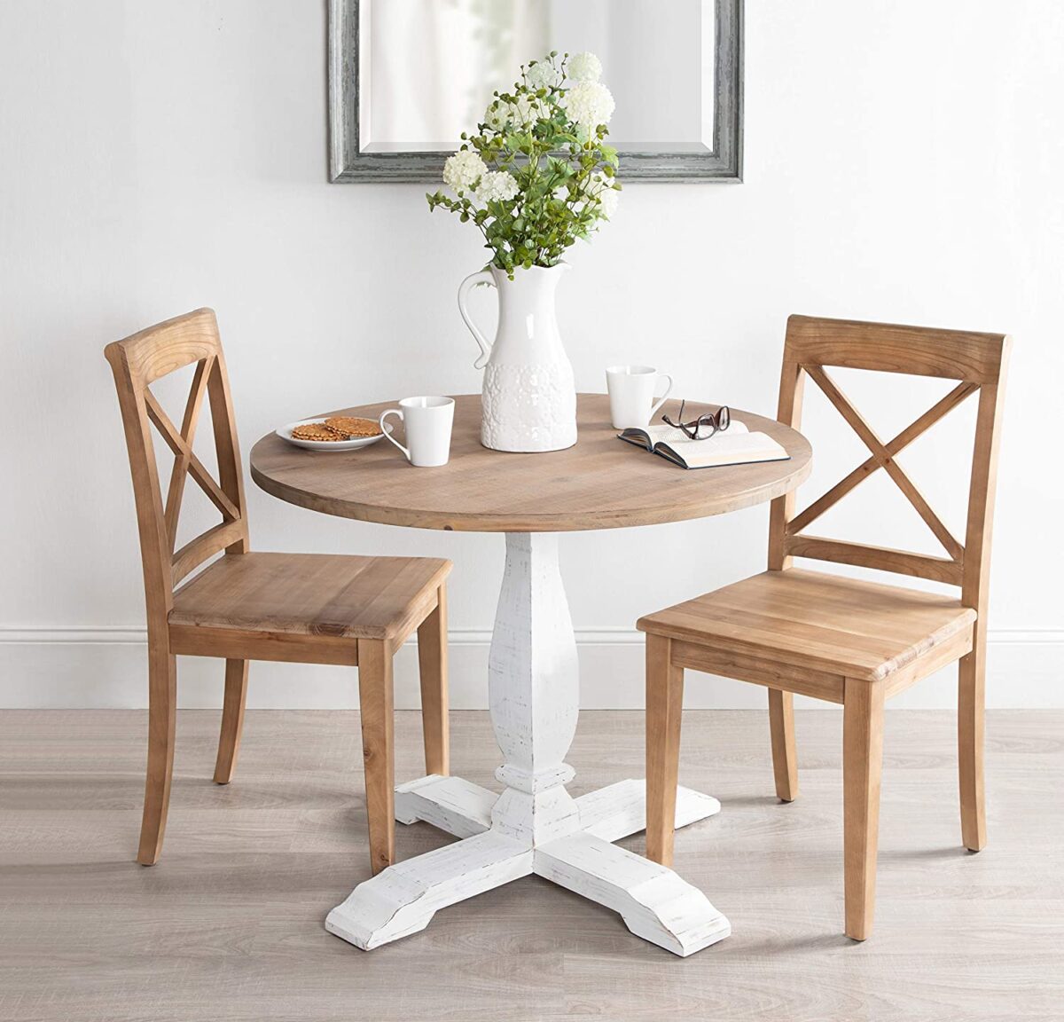 cute small farmhouse round dining room table whitewash pedestal base natural wood top fun