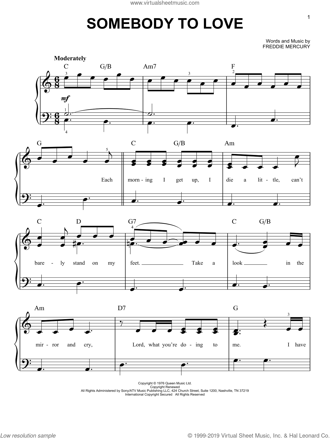 Queen Somebody To Love, (easy) sheet music for piano solo [PDF]