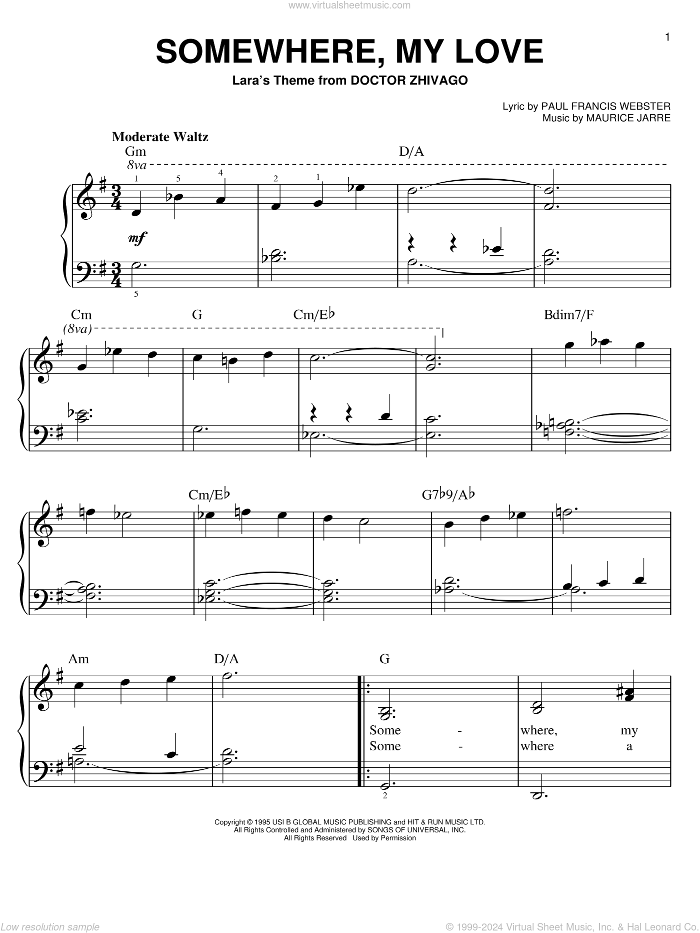 Jarre Somewhere, My Love, (easy) sheet music for piano solo