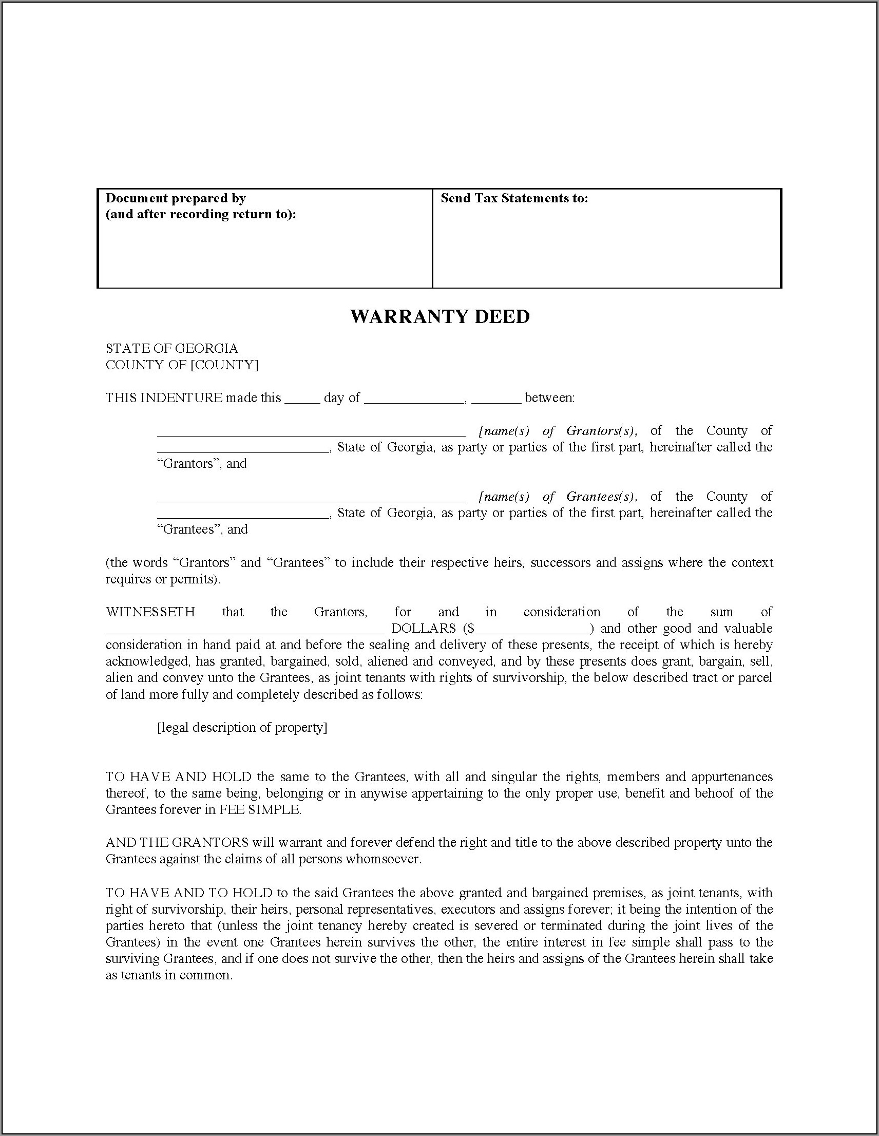 Georgia Special Warranty Deed Form