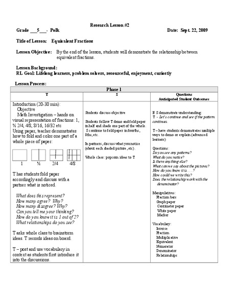 Equivalent Fractions Lesson Plan for 5th Grade | Lesson Planet