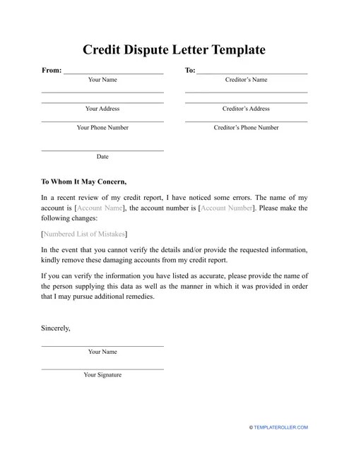 Printable Credit Dispute Letter Template Pdf